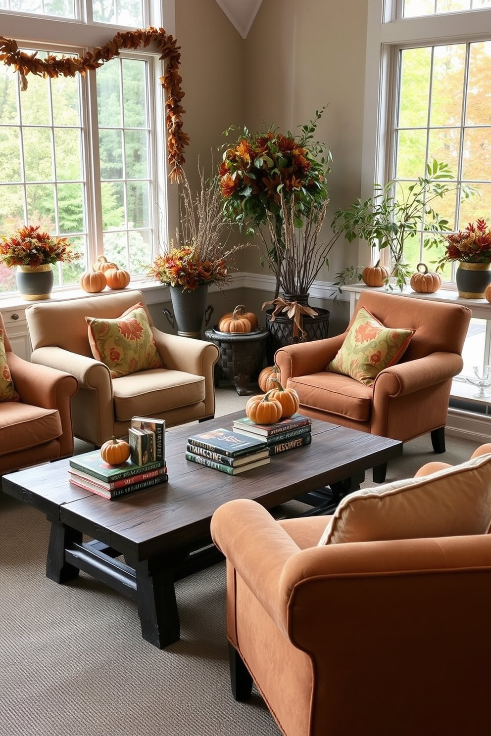 A cozy sunroom designed for Thanksgiving gatherings. The space features wooden trays arranged with an assortment of snacks and drinks, complemented by plush seating and warm, inviting colors.