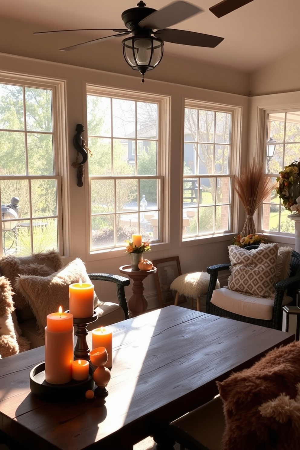 A cozy sunroom filled with warm-toned candles placed in decorative holders on a rustic wooden table. The sunlight streams through large windows, illuminating autumn-themed decorations and plush seating arrangements.