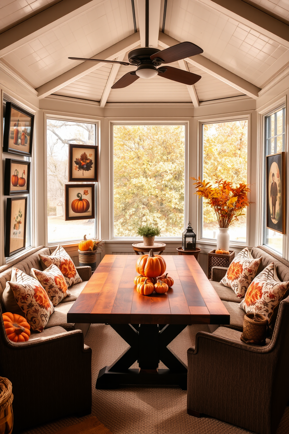 Warm-toned cushions are arranged on a cozy seating area, inviting relaxation and comfort. The sunroom is filled with natural light, highlighting the rich autumn colors of the cushions and the surrounding decor. Decorative elements such as pumpkins and seasonal foliage adorn the space, enhancing the Thanksgiving theme. A rustic wooden coffee table sits at the center, complemented by a soft throw blanket draped over the arm of a chair.