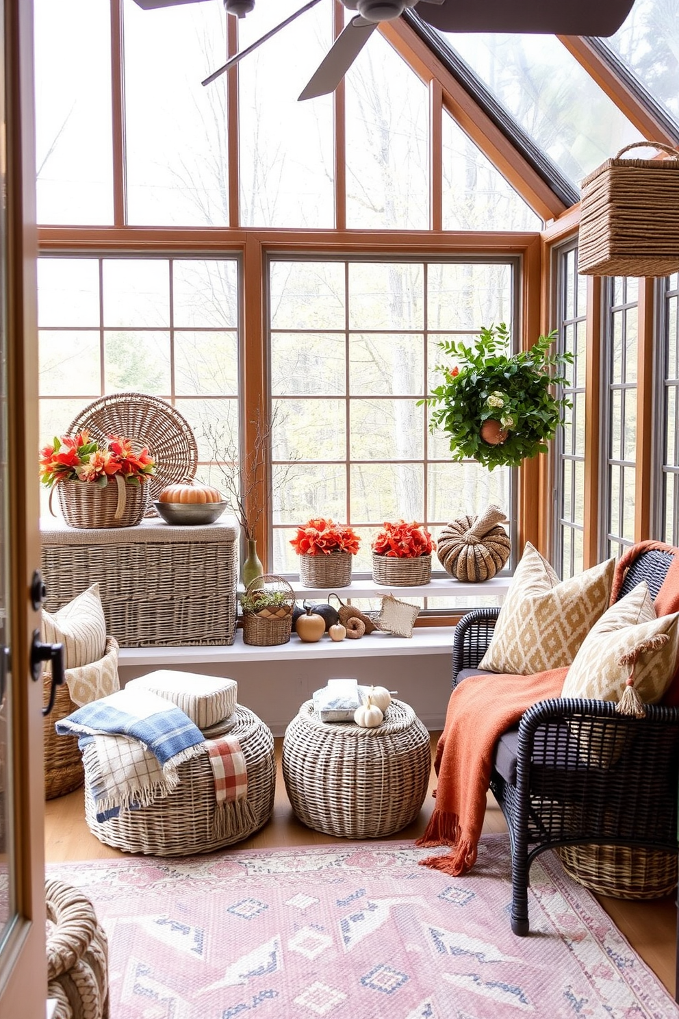 Create a cozy sunroom filled with natural light. Incorporate woven baskets in various sizes for seasonal decor storage, adding texture and warmth to the space. Arrange the baskets on shelves and next to seating areas, showcasing autumn-themed decorations for Thanksgiving. Use warm colors and soft fabrics to enhance the inviting atmosphere of the sunroom.