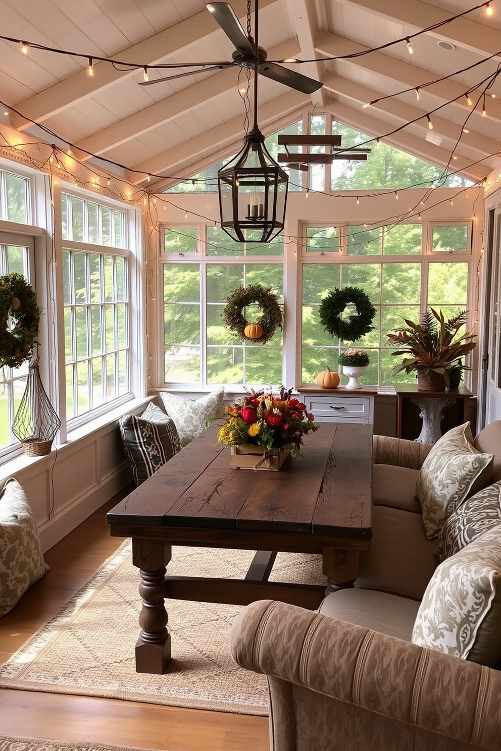 A sunroom adorned with seasonal artwork showcasing vibrant fall landscapes. The walls are decorated with framed prints of autumn scenes, while cozy seating arrangements invite relaxation and reflection.