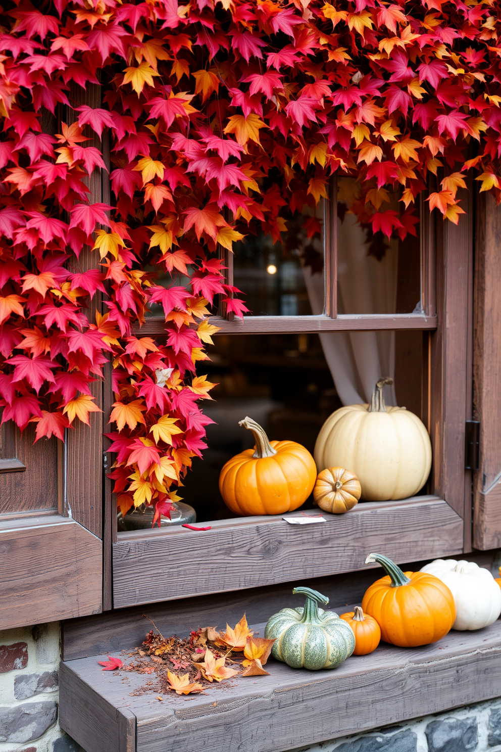 A cozy window display featuring autumn leaves in vibrant colors. The scene includes a rustic wooden window frame adorned with a mix of red, orange, and yellow foliage, creating a warm and inviting atmosphere. A collection of decorative pumpkins in various sizes rests on the windowsill. Soft, warm lighting enhances the rich hues of the leaves and pumpkins, perfect for a Thanksgiving celebration.