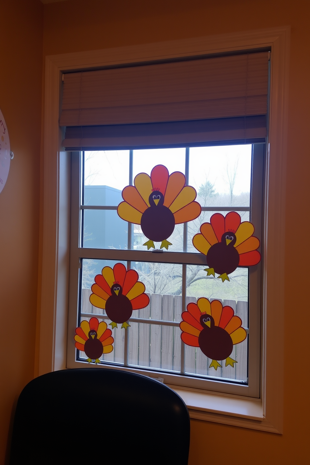 Colorful turkey cutouts are displayed in the window, bringing a festive spirit to the room. The vibrant hues of orange, yellow, and brown create a cheerful atmosphere that celebrates the Thanksgiving season.