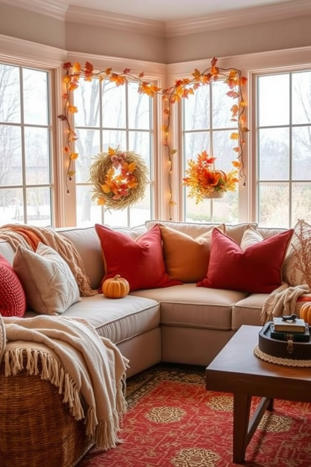 A cozy window display featuring DIY painted pumpkins in various autumn colors. The pumpkins are arranged on the windowsill with a backdrop of soft, sheer curtains that gently filter the sunlight.