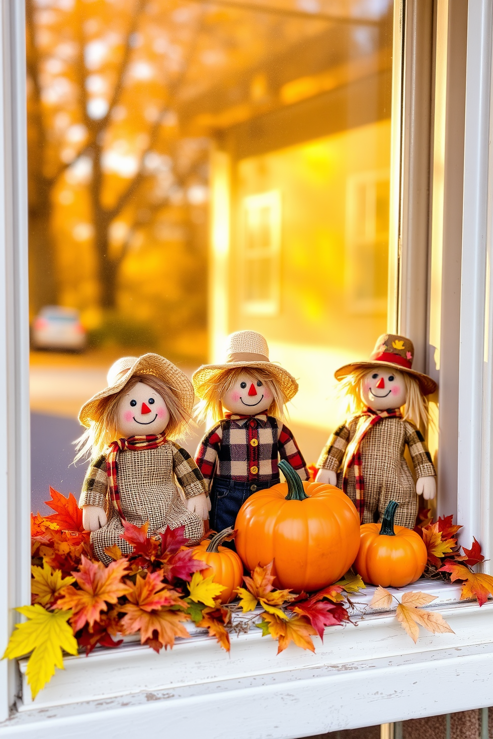 Miniature scarecrows made of burlap and straw sit cheerfully in the window, surrounded by colorful autumn leaves. They wear tiny plaid shirts and straw hats, adding a whimsical charm to the Thanksgiving decor. Brightly colored pumpkins of various sizes are arranged alongside the scarecrows, enhancing the festive atmosphere. Soft golden light filters through the window, creating a warm and inviting scene for the holiday season.