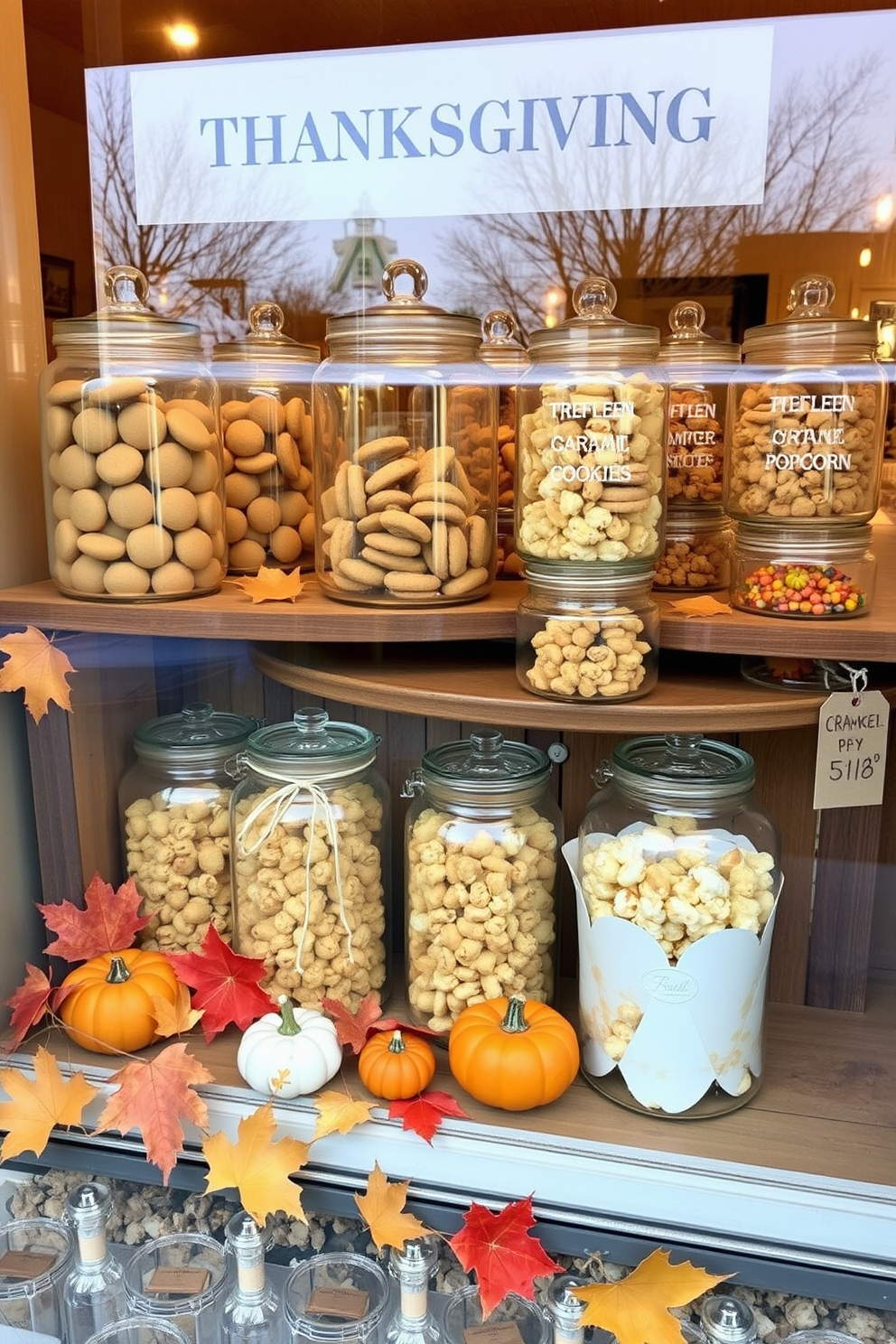 A cozy Thanksgiving window display featuring an array of glass jars filled with seasonal treats such as pumpkin spice cookies and caramel popcorn. The jars are arranged on a rustic wooden shelf adorned with autumn leaves and small decorative pumpkins, creating a warm and inviting atmosphere.