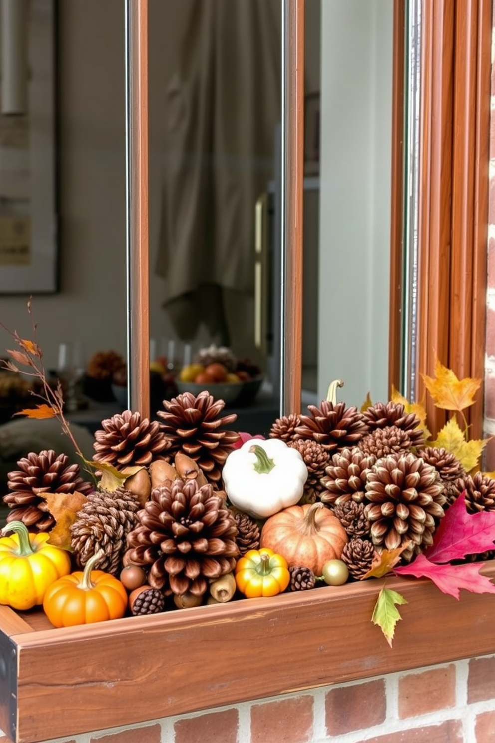 A cozy window display for Thanksgiving featuring pinecones and acorns. The arrangement includes a rustic wooden tray filled with assorted pinecones and acorns, complemented by small pumpkins and autumn leaves.