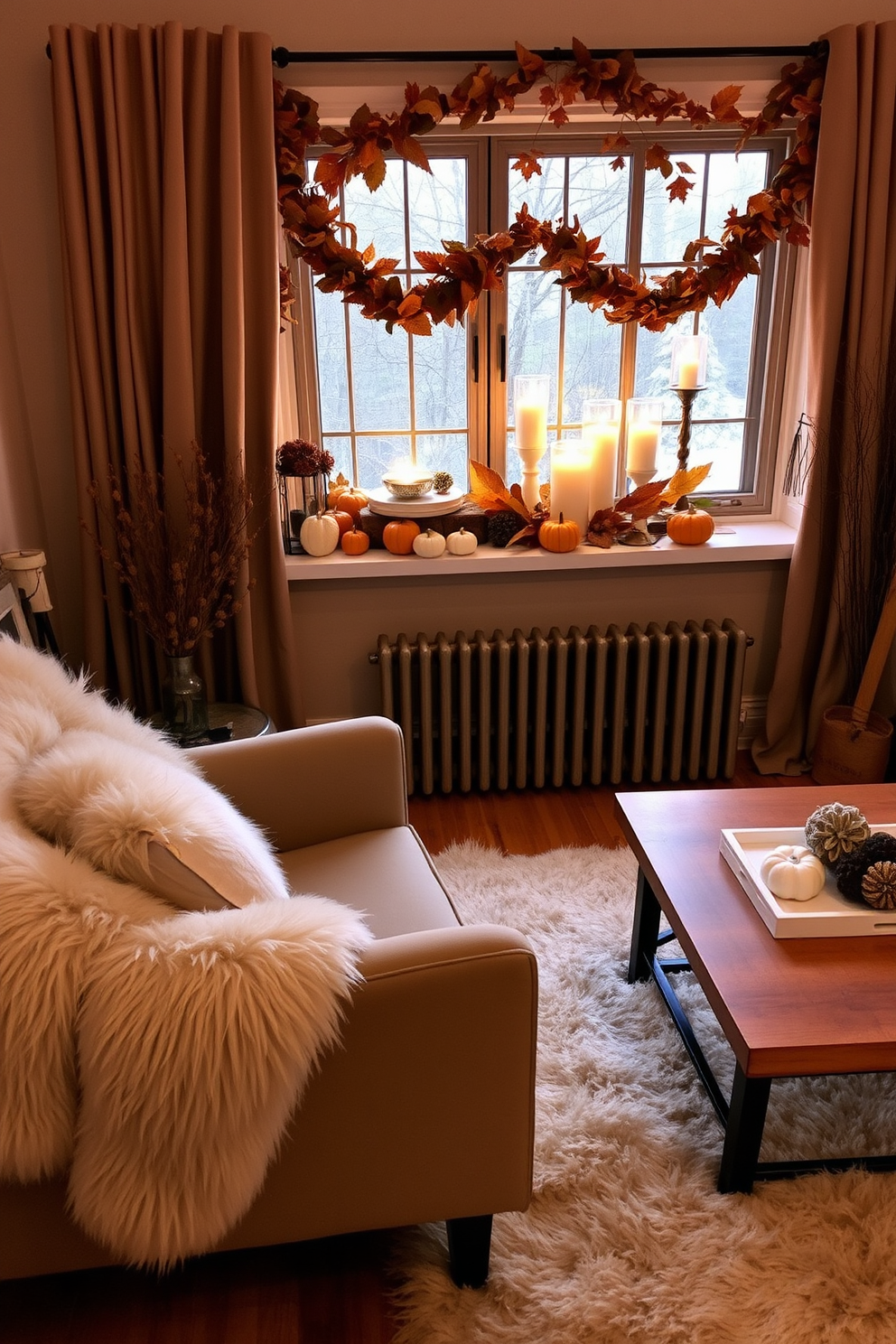 A cozy living room adorned with faux fur accents. A plush faux fur throw is draped over a stylish armchair, and a soft faux fur rug lies beneath a wooden coffee table. Thanksgiving decorations enhance the warmth of the space. A beautifully set window sill features pumpkins, autumn leaves, and elegant candles, creating a festive atmosphere.