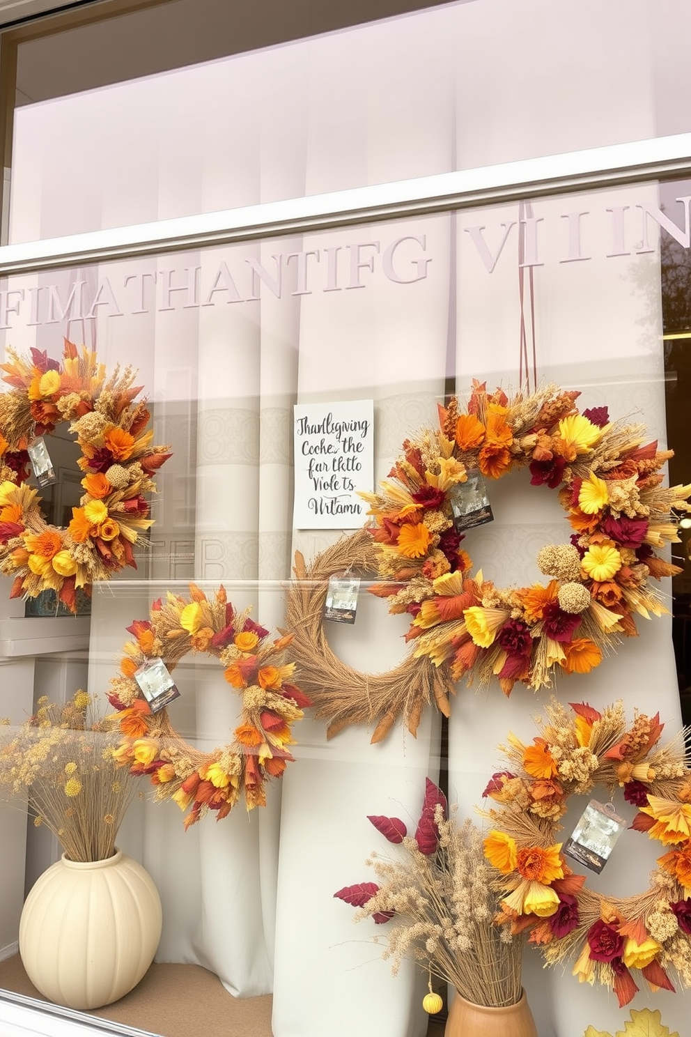 A cozy window display adorned with natural elements like pinecones and acorns. The arrangement features a rustic wooden tray filled with various sizes of pinecones and a scattering of acorns, creating an inviting autumnal atmosphere. Soft, warm lighting illuminates the window, highlighting the textures of the natural materials. A backdrop of sheer curtains allows the sunlight to filter through, enhancing the overall warmth of the Thanksgiving decor.