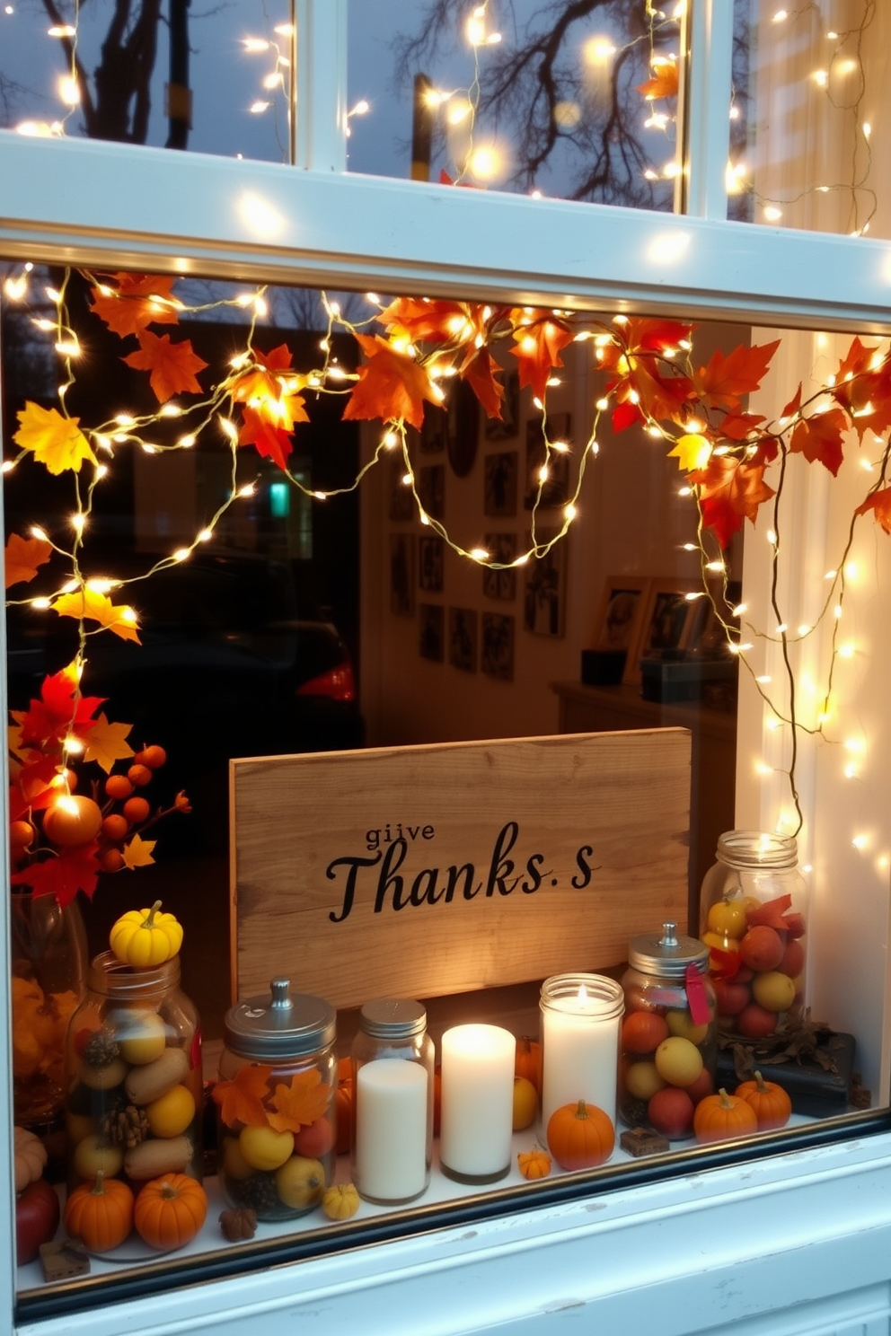 A cozy Thanksgiving window display featuring creative use of twinkle lights. The window is adorned with delicate strands of warm white lights intertwined with autumn leaves and small pumpkins. In the center, a rustic wooden sign reads Give Thanks, illuminated by the soft glow of the lights. Surrounding the sign are glass jars filled with seasonal fruits and candles, creating a warm and inviting atmosphere.