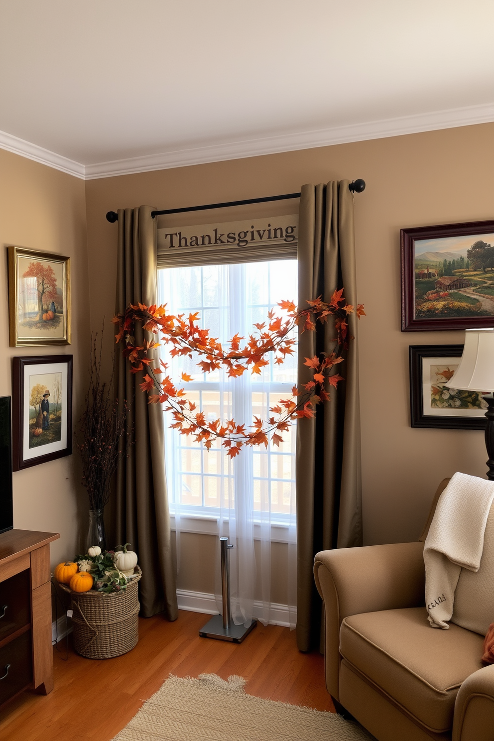 A cozy living room adorned with seasonal artwork celebrating Thanksgiving. The walls are decorated with framed paintings of autumn leaves and harvest scenes, creating a warm and inviting atmosphere. A beautifully decorated window features a garland of fall foliage and small pumpkins. Soft, sheer curtains allow natural light to filter through, highlighting the festive decorations.