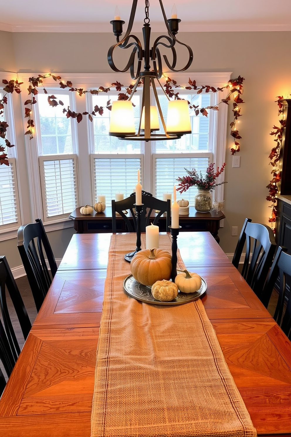 A warm and inviting dining room adorned with burlap table runners elegantly draped across the wooden table. The table is set with autumn-themed centerpieces featuring pumpkins and candles, while the windows are decorated with garlands of dried leaves and fairy lights for a cozy ambiance.