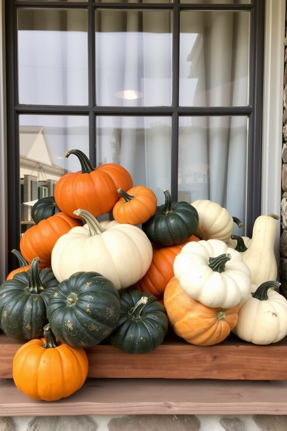 A charming Thanksgiving window display featuring a cluster of pumpkins and gourds in various sizes and colors. The arrangement includes vibrant orange, deep green, and creamy white gourds, artfully placed on a rustic wooden ledge.