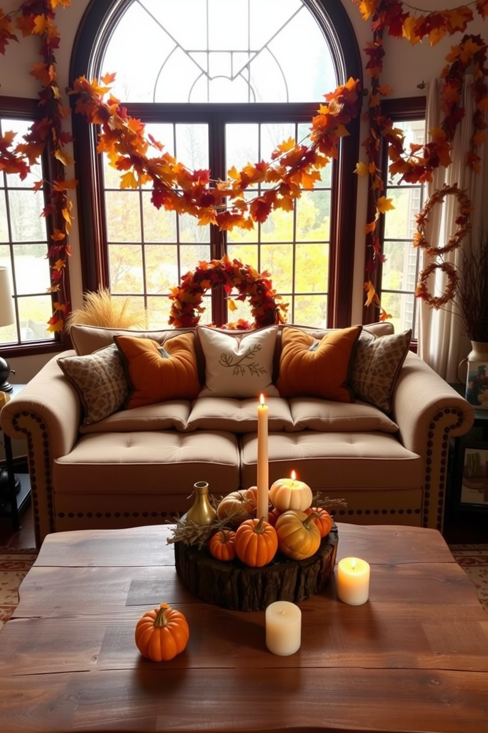 A cozy living room adorned with Thanksgiving decorations. The window is framed with garlands of falling leaves in warm autumn colors, creating a festive atmosphere. Inside, a plush sofa is complemented by throw pillows featuring pumpkin motifs. A rustic coffee table displays a centerpiece of seasonal fruits and candles, enhancing the inviting vibe.