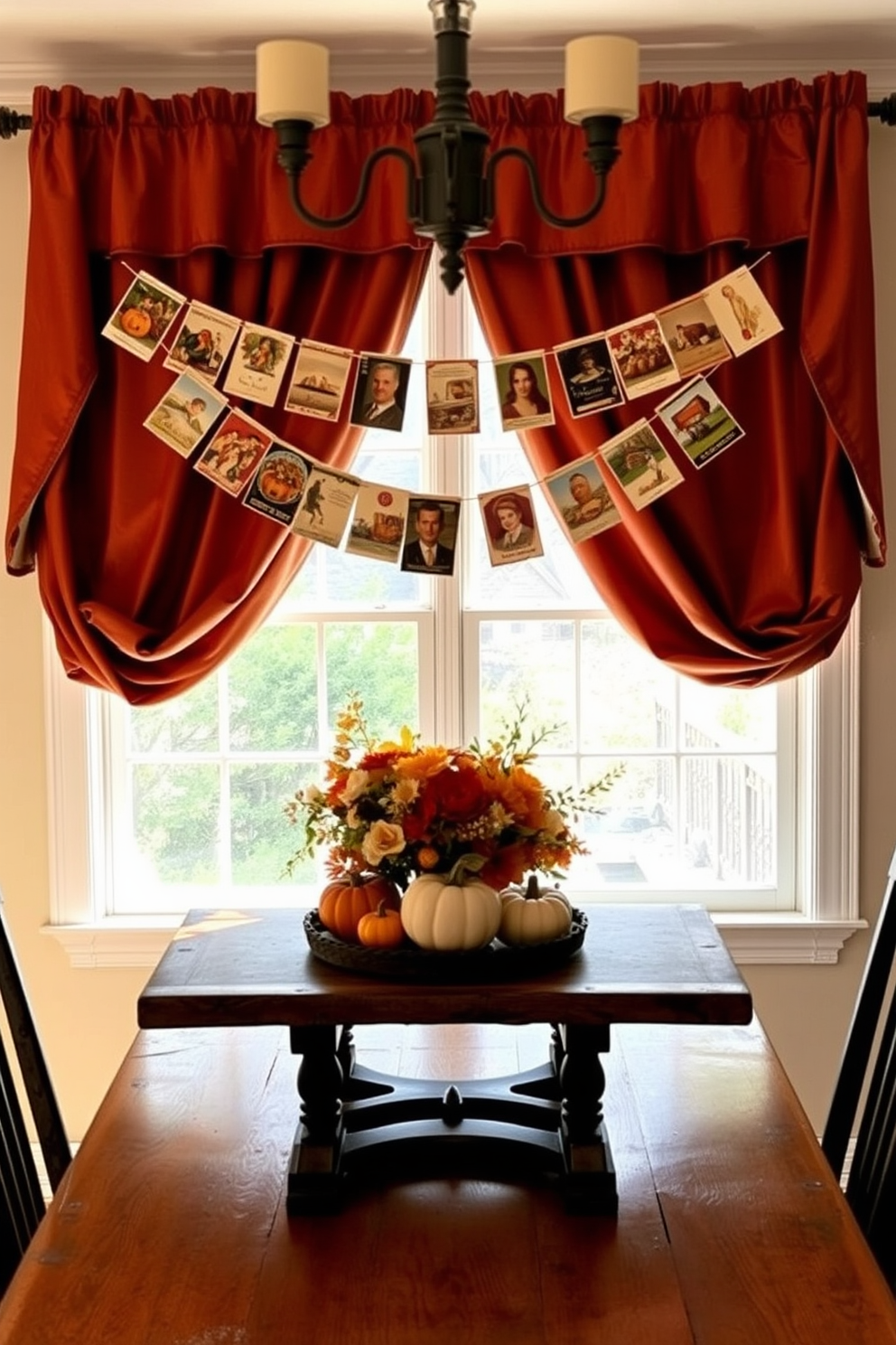 A cozy dining room adorned with vintage Thanksgiving postcards as decor. The postcards are artfully arranged on a string across the window, adding a nostalgic touch to the festive atmosphere. The window is framed with warm, rich curtains that complement the autumnal colors of the postcards. A rustic wooden table is set beneath the window, featuring a centerpiece of seasonal flowers and pumpkins.