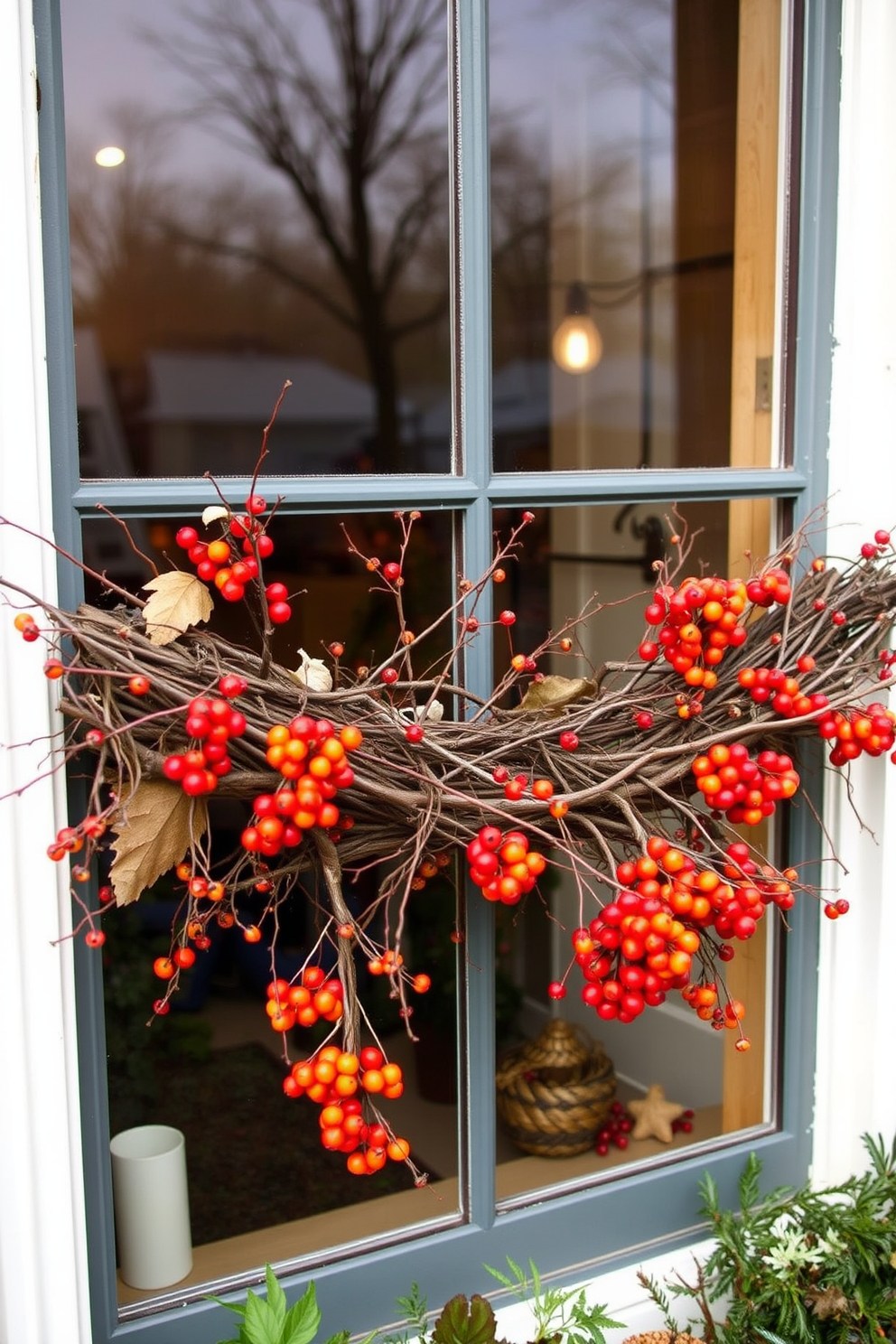 Burlap table runners drape gracefully across the window sill, adding a rustic charm to the festive decor. Soft autumn sunlight filters through the fabric, casting warm shadows that enhance the cozy atmosphere of the Thanksgiving celebration.