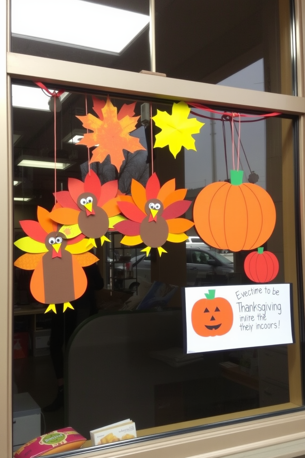 A whimsical Thanksgiving window display features colorful paper crafts hanging from the top of the window frame. The crafts include playful turkeys, autumn leaves, and cheerful pumpkins, creating a festive atmosphere that invites the spirit of the season indoors.