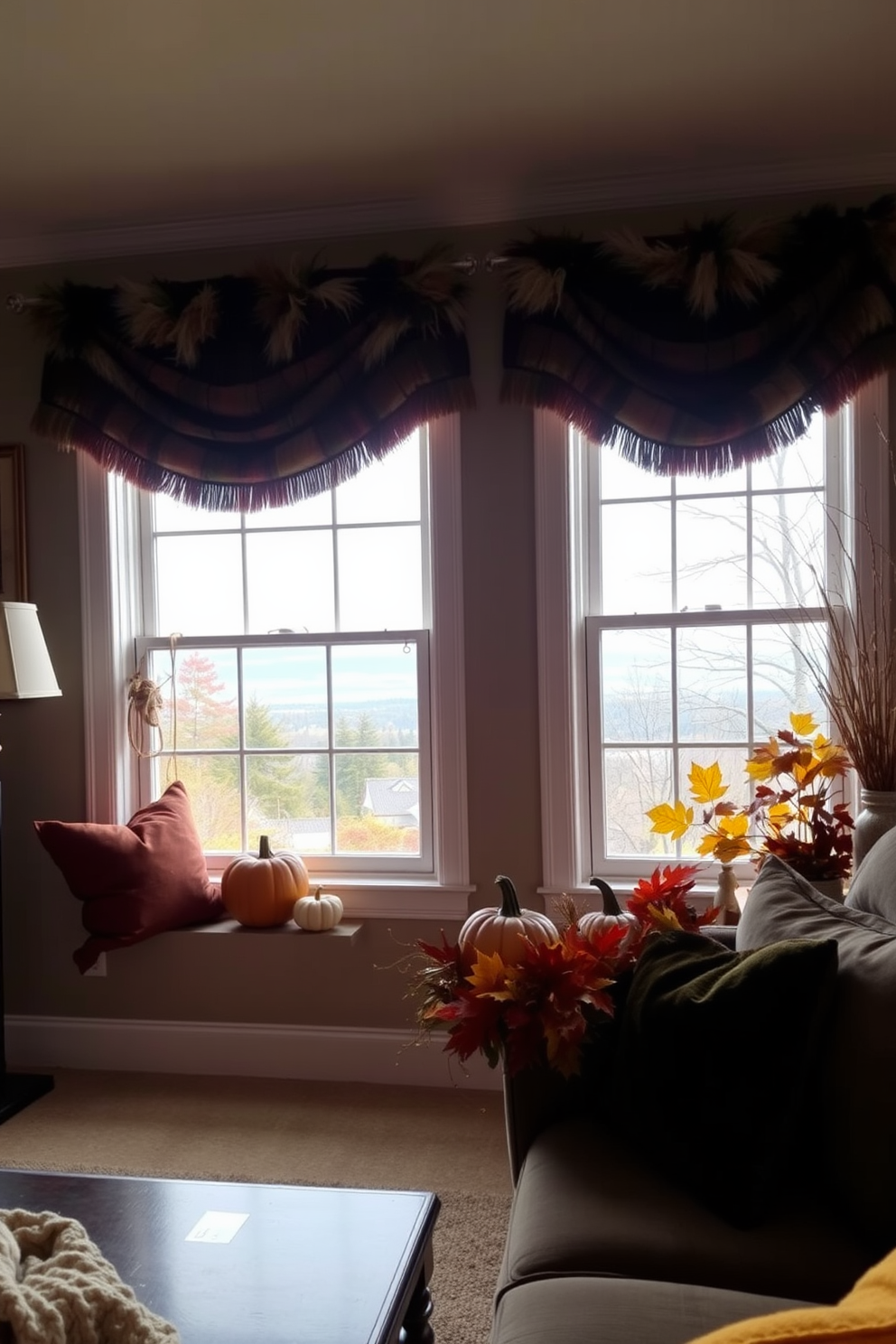 A cozy living room adorned with faux fur window valances that add warmth and texture to the space. The valances are complemented by rich autumnal colors and seasonal decorations that evoke the spirit of Thanksgiving. The windows frame a picturesque view, while the soft fabric gently cascades down, creating an inviting atmosphere. A decorative arrangement of pumpkins and fall foliage sits on the sill, enhancing the festive feel of the room.