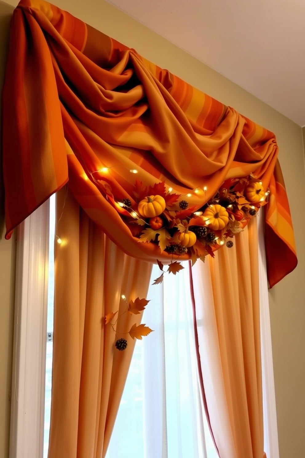 Thanksgiving themed fabric swags drape elegantly from the top of the window, featuring rich autumn colors like deep orange, burnt sienna, and golden yellow. The swags are adorned with small decorative pumpkins and twinkling fairy lights, creating a warm and inviting atmosphere. For Thanksgiving window decorating ideas, consider adding a garland of fall leaves intertwined with miniature gourds and pinecones. Complement the look with sheer curtains that softly filter the natural light, enhancing the seasonal charm of the space.