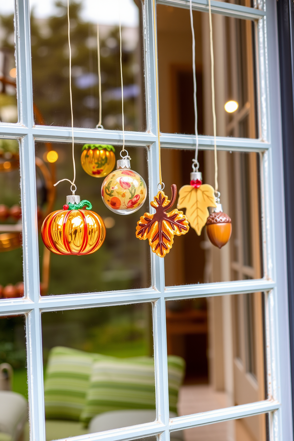 Create a cozy window display for Thanksgiving featuring hanging glass ornaments inspired by fall themes. The ornaments should include designs of pumpkins, leaves, and acorns, suspended at varying heights to create visual interest.