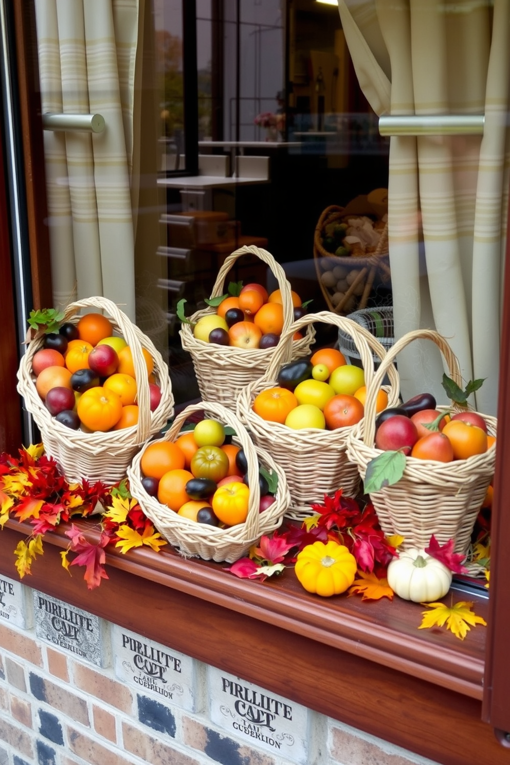 A cozy Thanksgiving window display featuring decorative baskets overflowing with a variety of colorful fruits. The baskets are artfully arranged on a wooden ledge, complemented by autumn-themed decorations like small pumpkins and vibrant fall leaves.