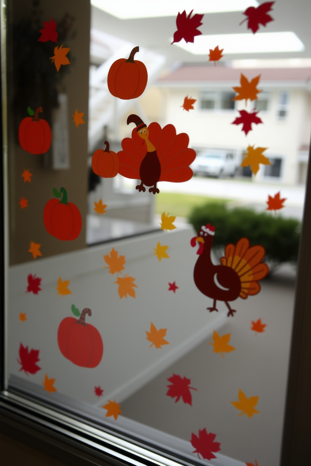 Thanksgiving themed window clings adorn the glass with vibrant autumn colors and playful designs. Pumpkins, turkeys, and falling leaves create a festive atmosphere that enhances the holiday spirit.