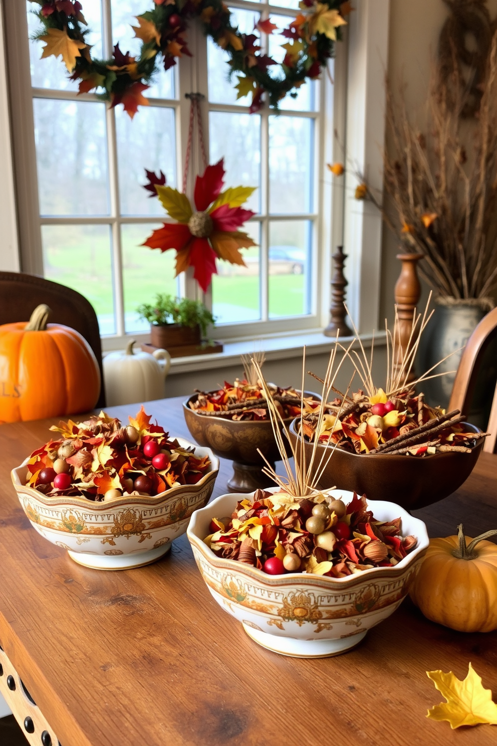 A cozy Thanksgiving scene featuring decorative bowls filled with seasonal potpourri. The bowls are arranged on a rustic wooden table near a window adorned with autumn-themed decorations.