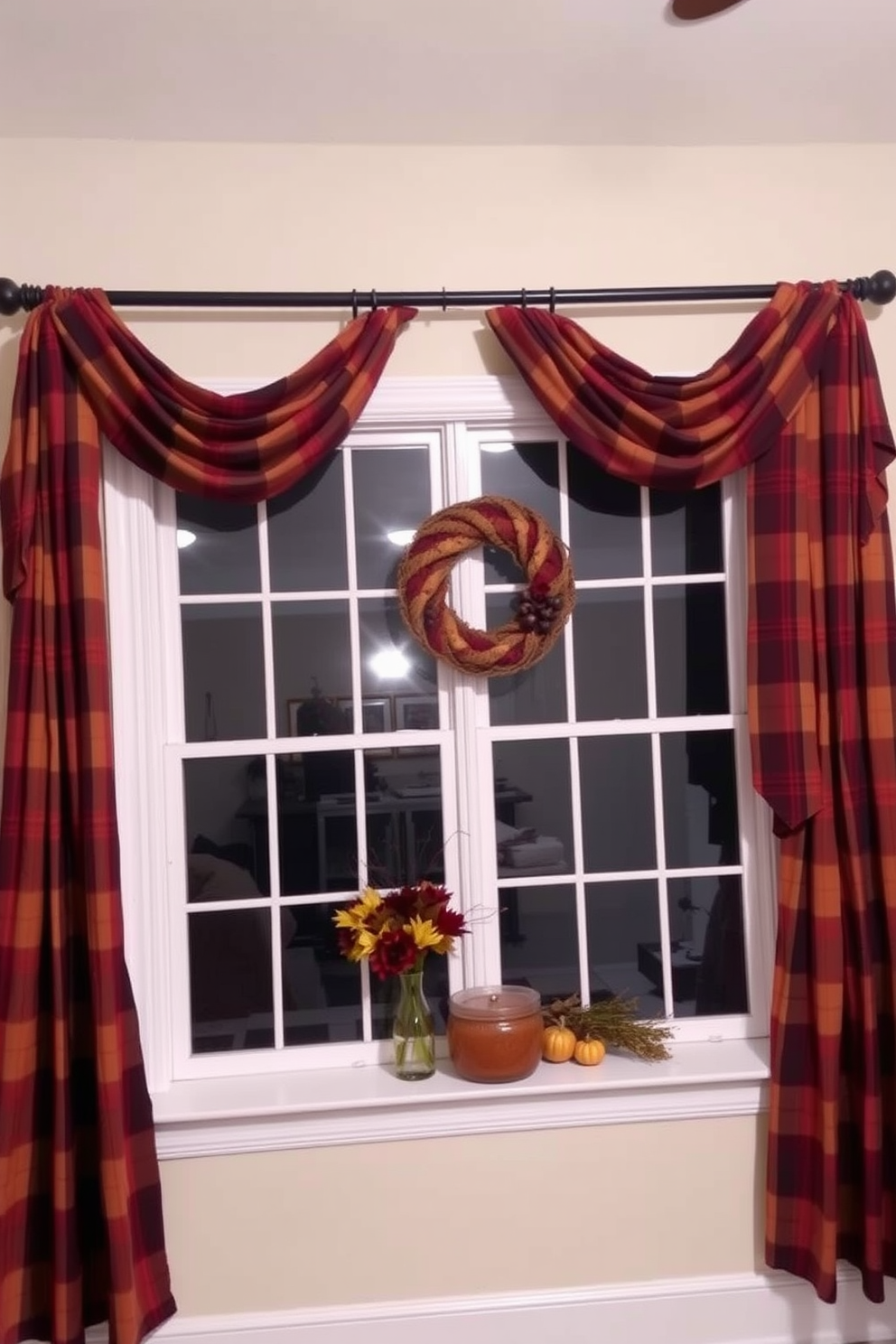 Cozy plaid curtains drape elegantly over a large window, adding warmth and texture to the room. The curtains feature rich autumn colors, perfectly complementing the Thanksgiving decor displayed on the windowsill.