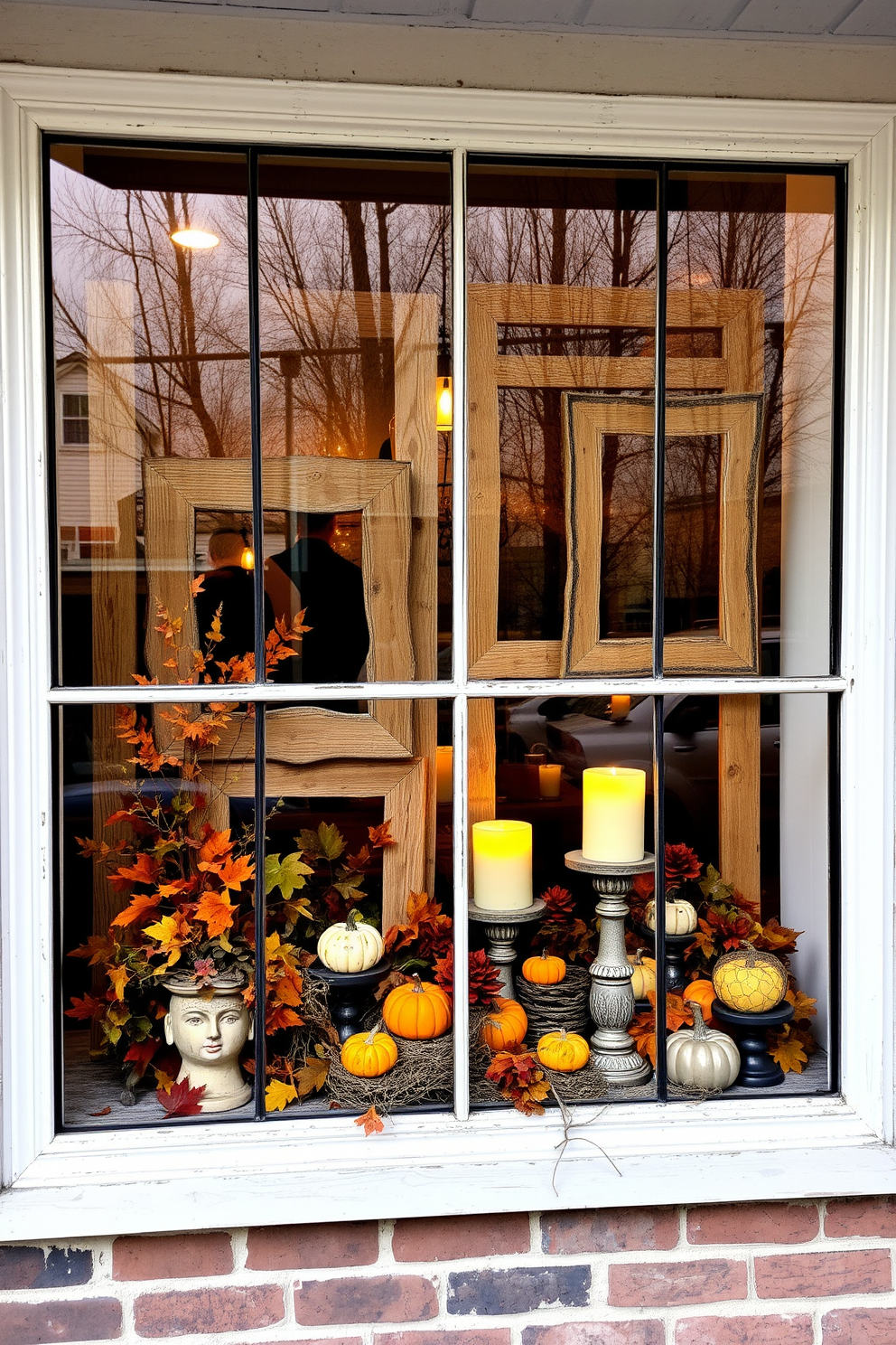 A cozy Thanksgiving window display featuring an array of candle arrangements. The candles are placed on a rustic wooden ledge, surrounded by autumn leaves and small pumpkins for a warm ambiance. Soft golden light flickers from the candles, creating a welcoming atmosphere. The window is adorned with garlands of dried corn and colorful fall foliage, enhancing the seasonal charm.