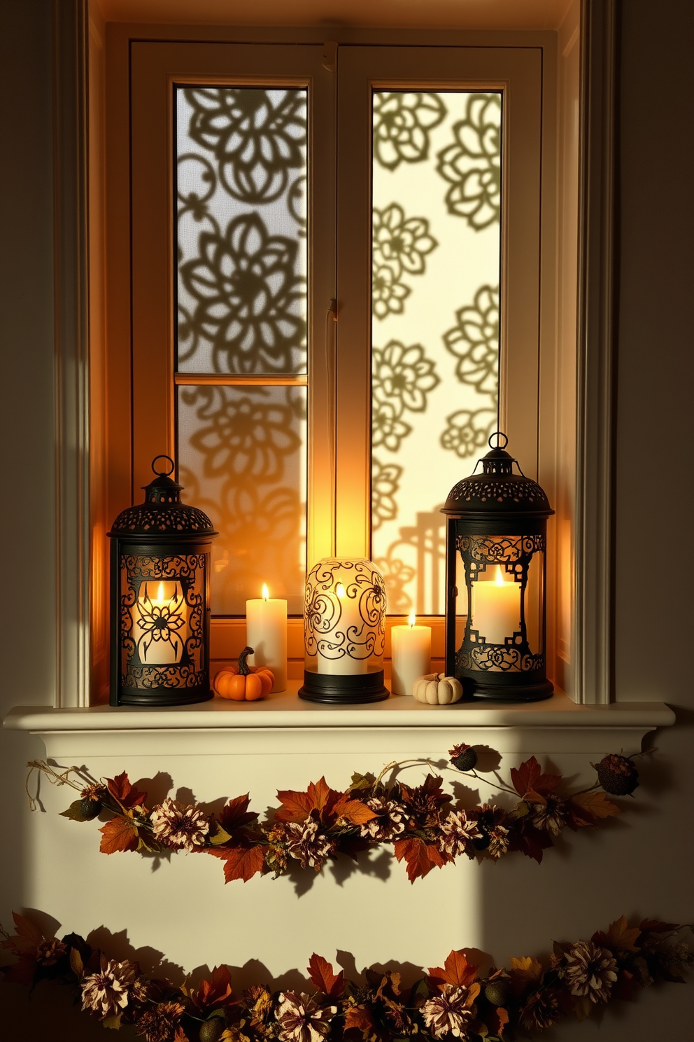 A charming window display for Thanksgiving featuring mason jars filled with seasonal flowers. The jars are arranged on a wooden ledge, complemented by autumn leaves and small pumpkins scattered around.