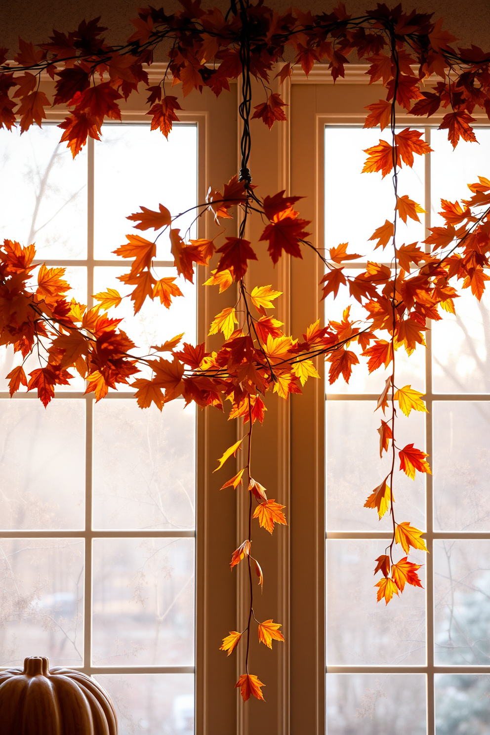 Hanging autumn garlands adorned with vibrant foliage create a warm and inviting atmosphere for Thanksgiving. The garlands drape gracefully across the window, complemented by soft golden light filtering through the glass.