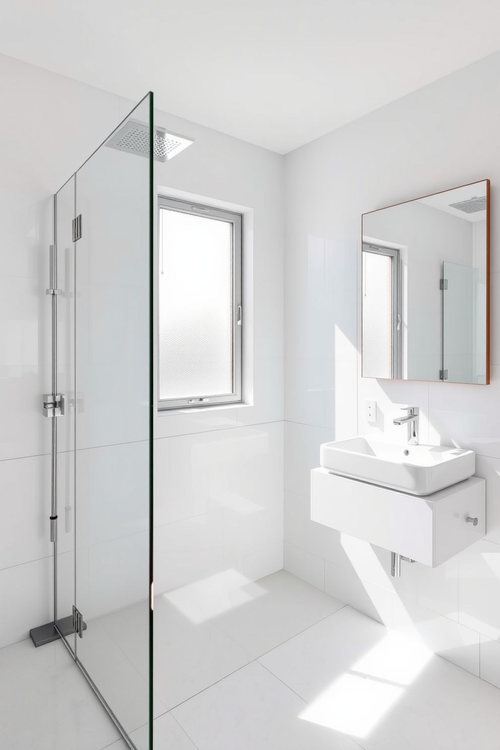 A modern minimalist shower features sleek chrome fixtures and a frameless glass enclosure. The walls are adorned with large white tiles, creating a clean and spacious feel. The three-quarter bathroom design includes a floating vanity with a simple white sink and a large mirror above it. Natural light floods the space through a frosted window, highlighting the neutral color palette of soft grays and whites.