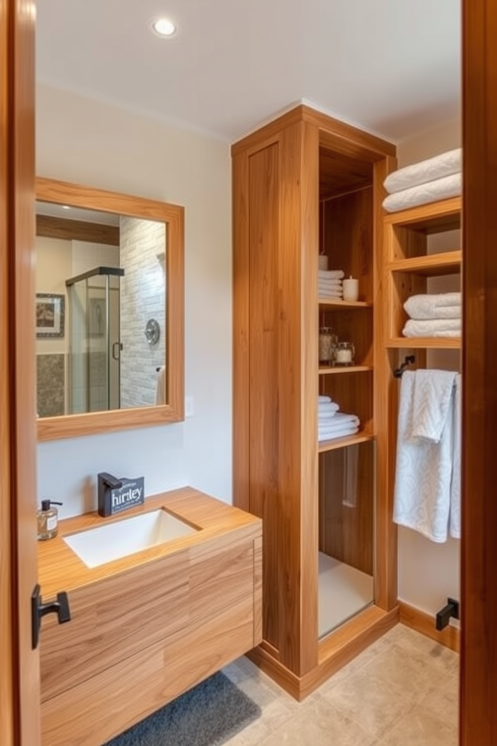 A three-quarter bathroom design featuring warm wood accents that create a cozy and inviting atmosphere. The space includes a stylish wooden vanity with a sleek sink and a large mirror framed in natural wood. The walls are adorned with soft neutral tones that complement the wooden elements. A walk-in shower with glass doors showcases beautiful tile work, while wooden shelving displays decorative items and plush towels.