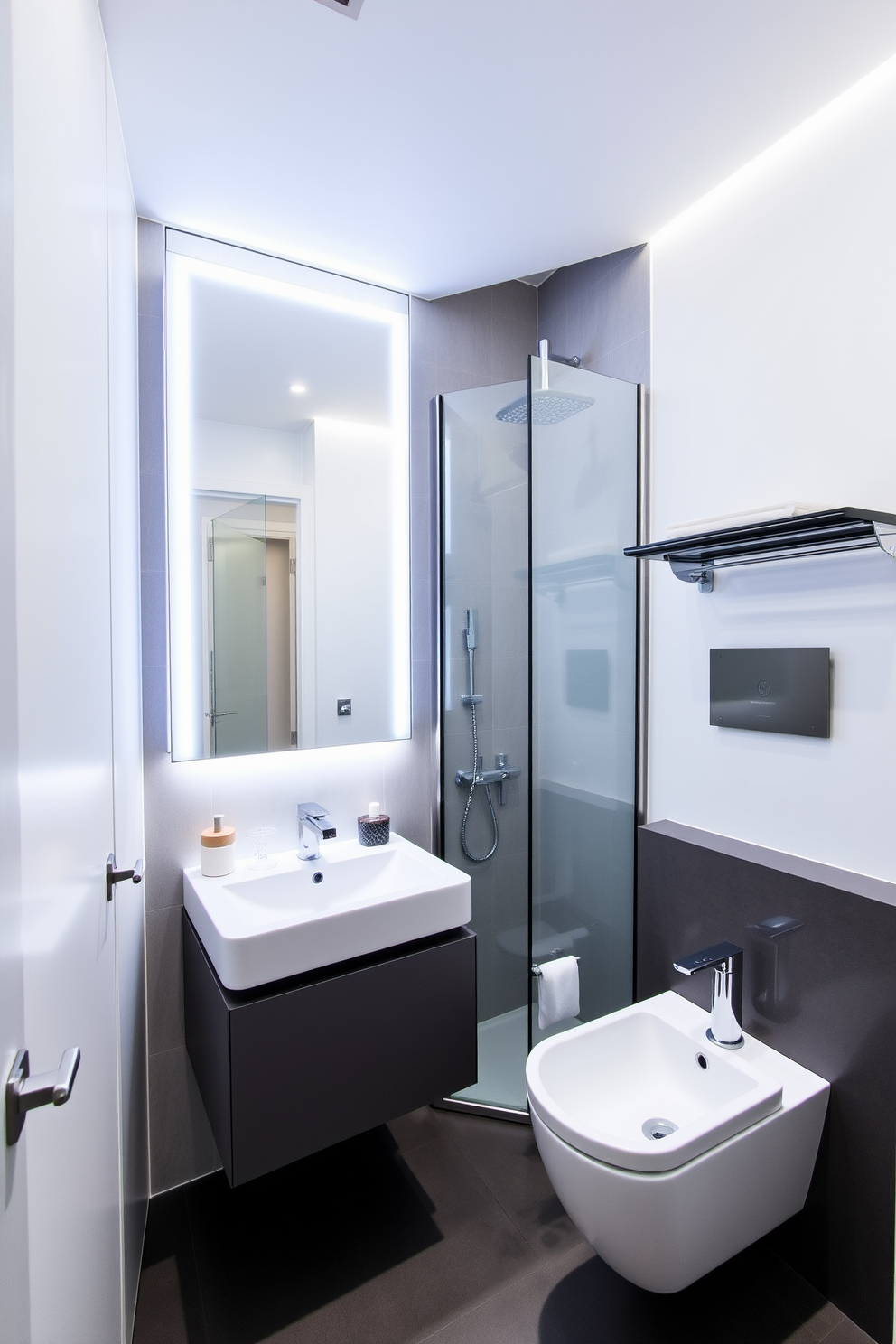 A modern three-quarter bathroom featuring integrated lighting within the mirror to enhance brightness. The space includes a sleek shower with glass doors, a stylish floating vanity, and contemporary fixtures that create a cohesive look.