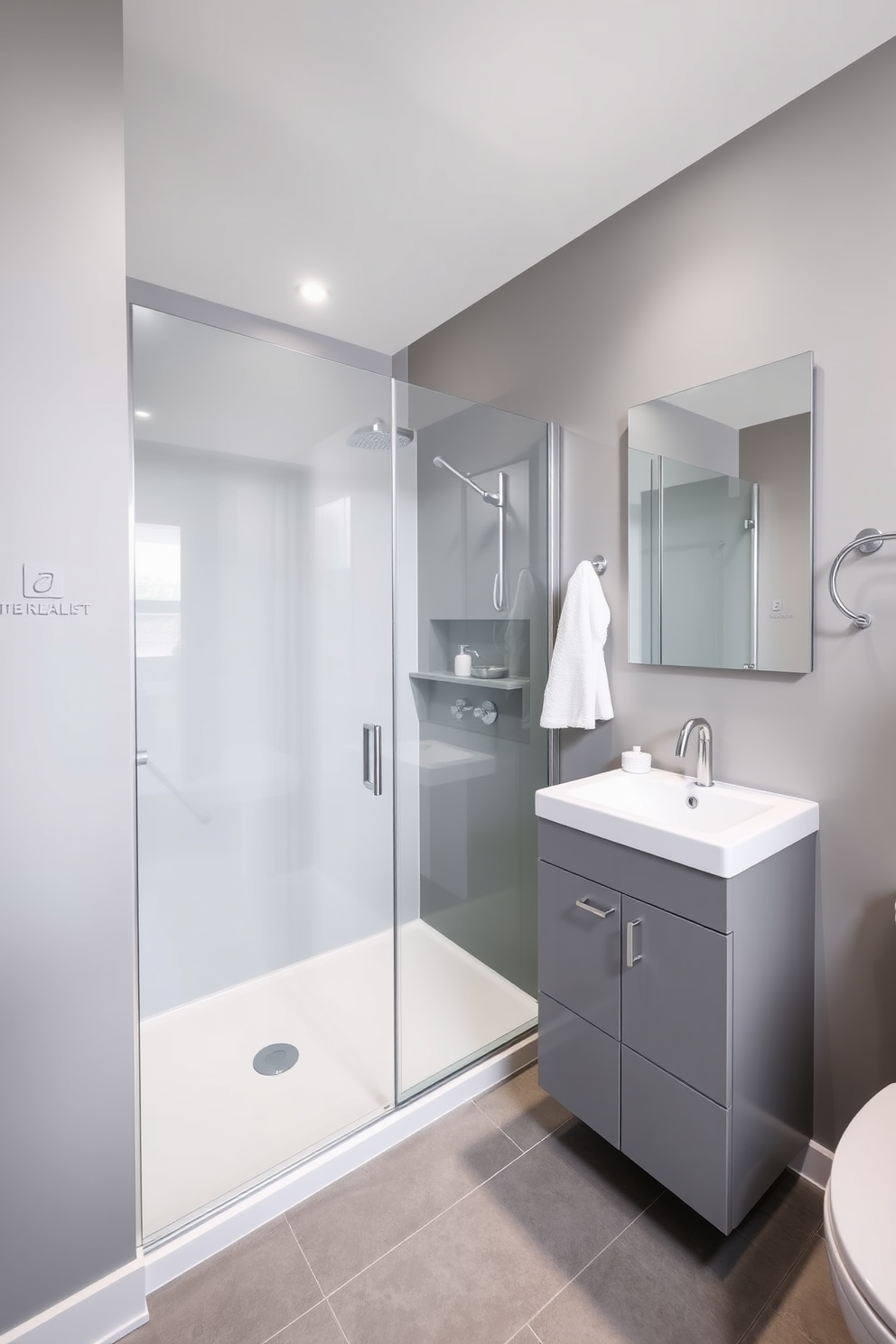 A minimalist three-quarter bathroom featuring a monochromatic color scheme that emphasizes simplicity and elegance. The walls are painted in varying shades of soft gray, complemented by sleek gray cabinetry and a modern gray tile floor. The shower area is enclosed with clear glass panels, showcasing a minimalist shower head and a built-in shelf for toiletries. A large, frameless mirror above the sink reflects the clean lines of the space, while a simple white towel hangs neatly on a chrome rack.