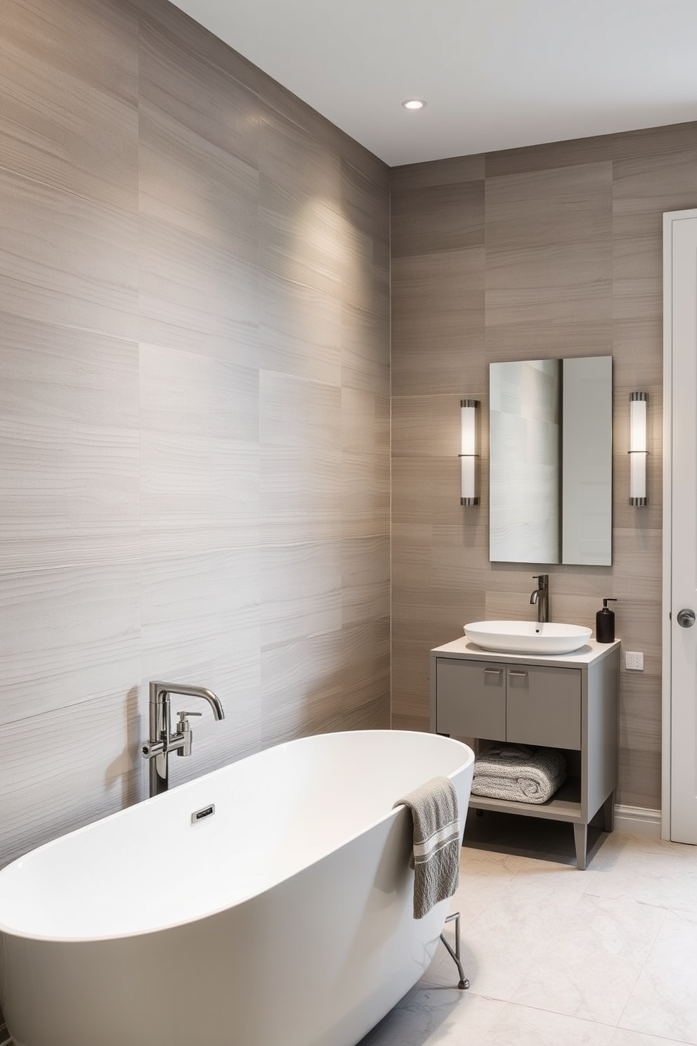 Textured wall paneling adds depth and character to the space, creating a stunning backdrop for your design. In this three-quarter bathroom, the paneling is complemented by sleek fixtures and elegant lighting. The color palette features soft neutrals that enhance the texture of the wall, while a freestanding bathtub serves as a focal point. A stylish vanity with a modern sink and ample storage completes the sophisticated look of the bathroom.