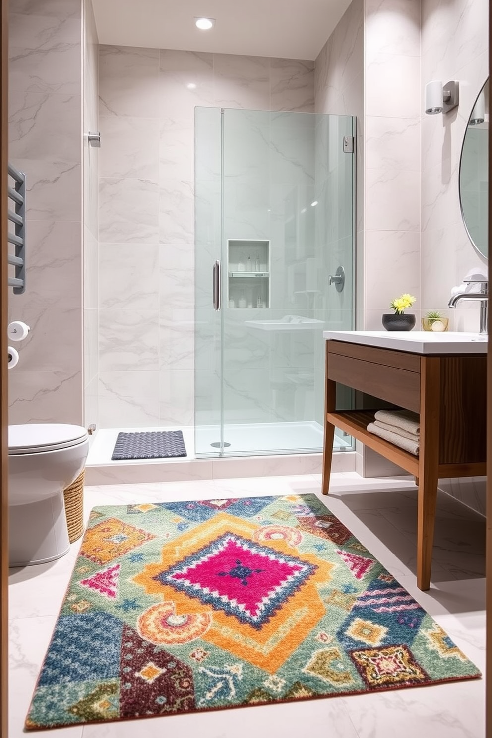 A stylish three-quarter bathroom featuring a vibrant area rug that adds a pop of color to the space. The rug complements the modern fixtures and is positioned in front of a sleek shower enclosure with glass doors. The walls are adorned with elegant tiles in soft neutral tones, creating a serene atmosphere. A wooden bench is placed beside the vanity, providing both functionality and a touch of warmth to the design.