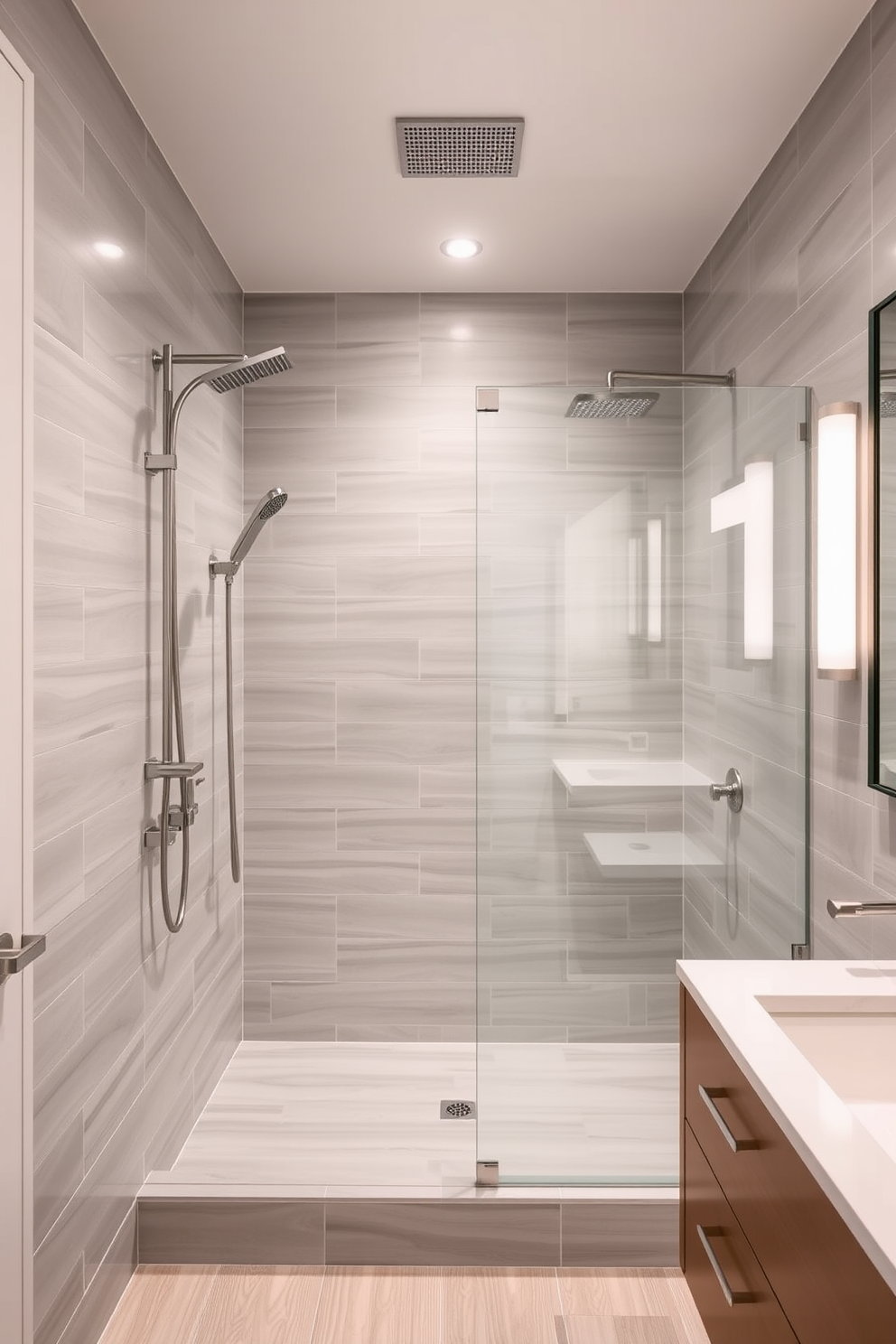 A serene three-quarter bathroom featuring dual shower heads for a spa-like experience. The walls are adorned with soft gray tiles, and the floor has a light wood finish that adds warmth. A sleek glass partition separates the shower area, creating an open feel. Elegant fixtures in brushed nickel complement the modern aesthetic, while a floating vanity provides additional storage.