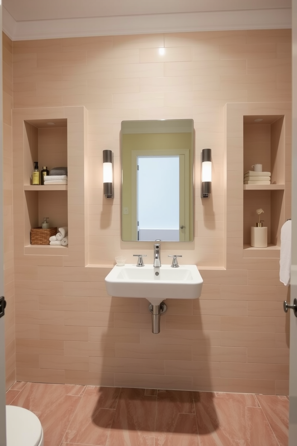 A stylish three-quarter bathroom features built-in niches on either side of the mirror, elegantly displaying toiletries and decorative items. The walls are adorned with soft beige tiles, while the floor showcases a subtle geometric pattern in muted tones.