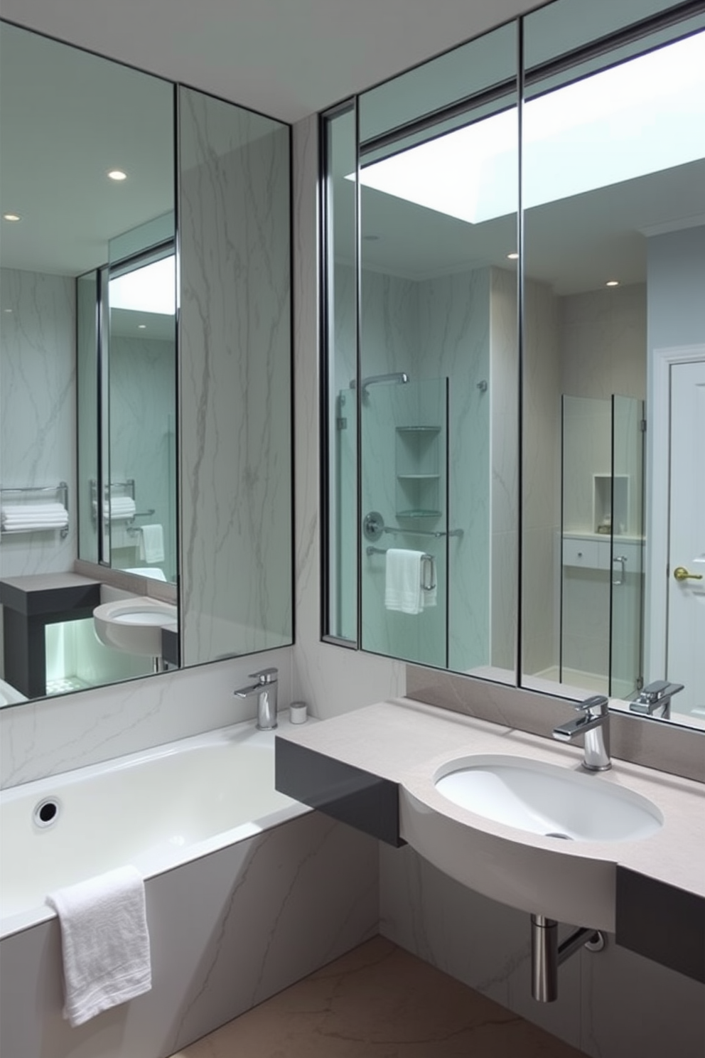 A spacious three-quarter bathroom features large mirrors that reflect light and create an illusion of openness. The design includes a sleek shower area with glass doors, complemented by elegant fixtures and a minimalist aesthetic.