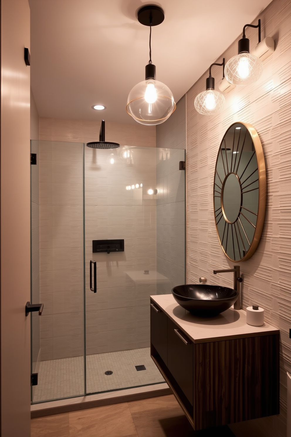 A stunning three-quarter bathroom design featuring unique light fixtures that add personality and charm. The space includes a sleek shower with a glass enclosure, complemented by a modern pendant light hanging above. The walls are adorned with textured tiles in soft neutral tones, creating a warm and inviting atmosphere. A stylish floating vanity with a vessel sink sits beneath an artistic mirror, enhancing the overall elegance of the design.