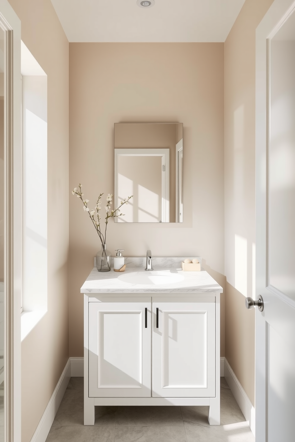 A serene three-quarter bathroom design featuring neutral tones to create a calming atmosphere. The walls are painted in soft beige while the floor showcases light gray tiles for a cohesive look. A sleek white vanity with a quartz countertop complements the overall design. Above the vanity, a minimalist mirror reflects natural light, enhancing the tranquil ambiance.