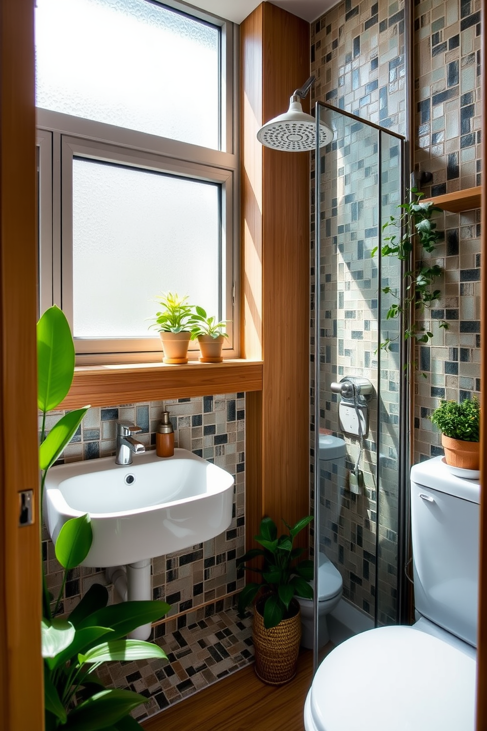 A modern three-quarter bathroom featuring eco-friendly materials such as bamboo cabinetry and recycled glass tiles. The space includes a sleek shower with a rain showerhead and a composting toilet, emphasizing sustainability and style. Natural light floods the room through a frosted window, highlighting the earthy tones of the decor. Potted plants are strategically placed to enhance the fresh and inviting atmosphere.