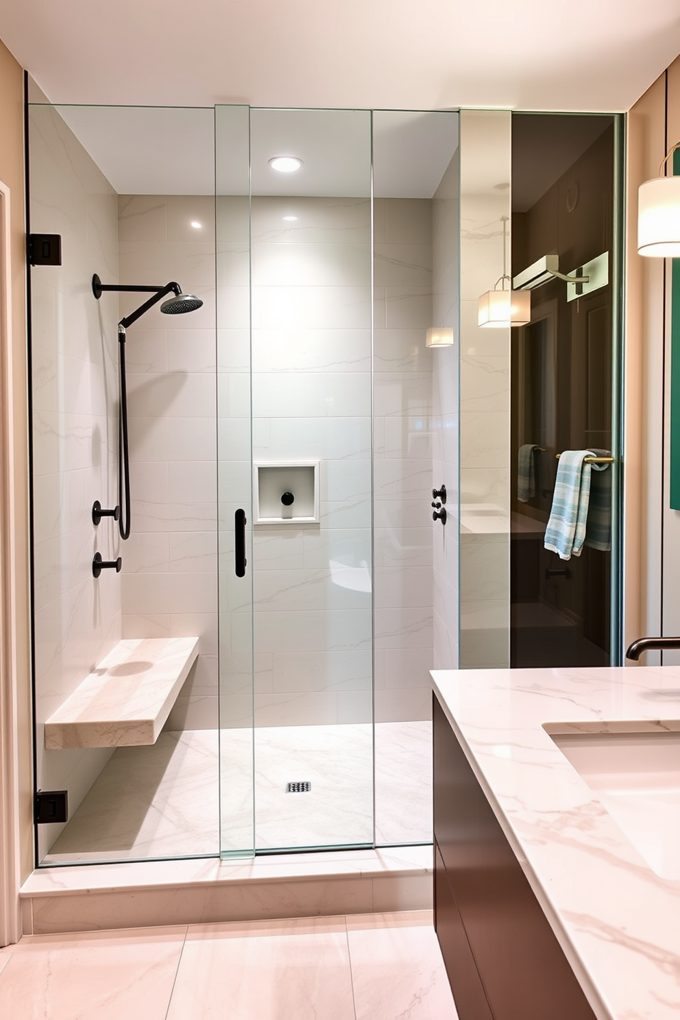 A luxurious three-quarter bathroom featuring a spacious shower area with a sleek shower bench made of natural stone for added comfort and convenience. The walls are adorned with elegant tiles in soft neutral tones, and a modern glass shower door allows for an open and airy feel. Incorporate a stylish floating vanity with ample storage and a polished quartz countertop that complements the overall design. Soft lighting fixtures illuminate the space, enhancing the serene atmosphere and highlighting the carefully selected decor elements.