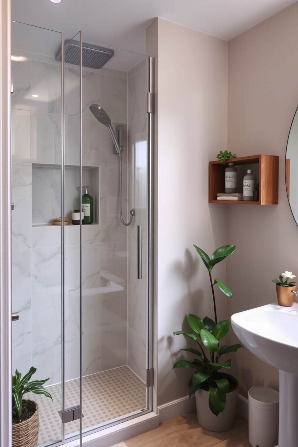 A stylish three-quarter bathroom featuring a sleek shower with glass doors and elegant tile work. Potted plants are strategically placed to add a touch of freshness and vibrancy to the space. The walls are adorned with soft, neutral tones that create a calming atmosphere. A wooden shelf displays decorative accents and essential toiletries, enhancing both functionality and aesthetics.