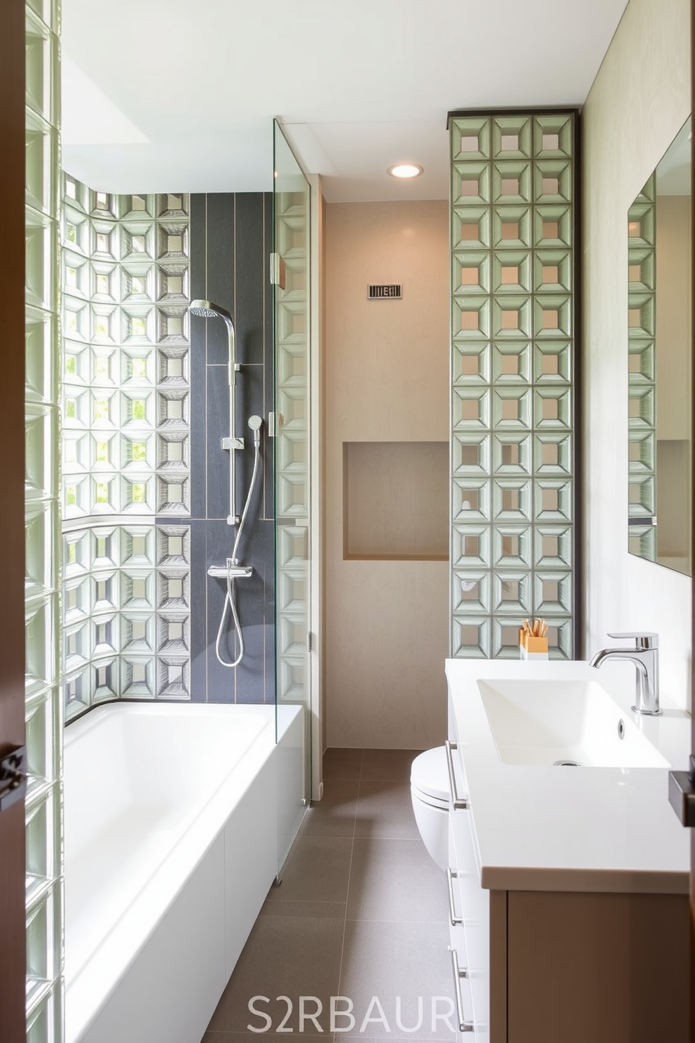 A modern three-quarter bathroom features glass block walls that allow natural light to filter in while providing privacy. The space includes a sleek shower area with a rainfall showerhead, a floating vanity with a contemporary sink, and stylish fixtures that enhance the overall aesthetic.