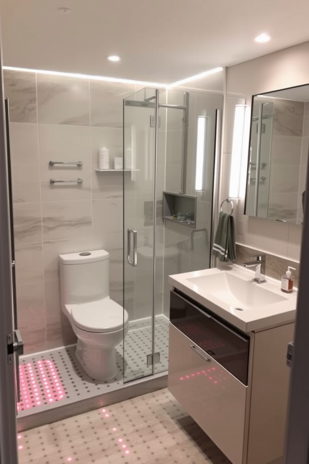 A cozy three-quarter bathroom featuring heated flooring for ultimate comfort during winter months. The space includes a stylish shower enclosure with glass doors and modern fixtures, complemented by a sleek vanity with ample storage.