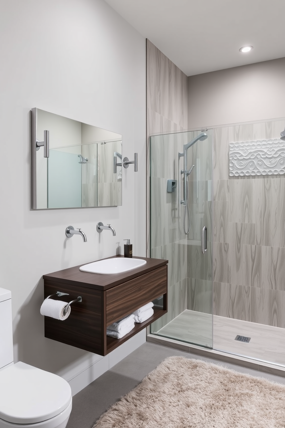 A sleek three-quarter bathroom featuring wall-mounted faucets that enhance the modern aesthetic. The space is adorned with a floating vanity made of dark wood, complemented by a large frameless mirror that reflects the stylish fixtures. The walls are finished in a soft gray tone, creating a calming atmosphere. A walk-in shower with clear glass doors showcases elegant tile work, while a plush rug adds warmth to the floor.