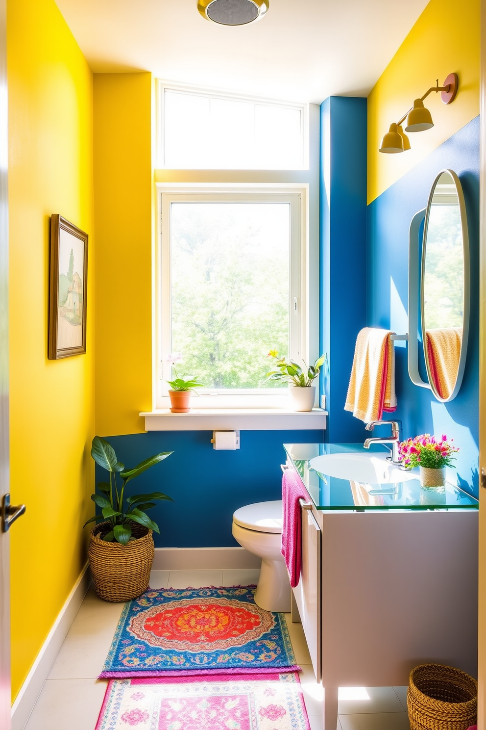 Bright colors to enhance natural light create an inviting and cheerful atmosphere in a three-quarter bathroom. The walls are painted in a soft yellow hue, complemented by a vibrant blue accent wall that adds depth and character. A sleek white vanity with a glass countertop reflects the natural light streaming in from a large window. Decorative elements like colorful towels and a bright rug add pops of color, while potted plants bring a touch of nature indoors.