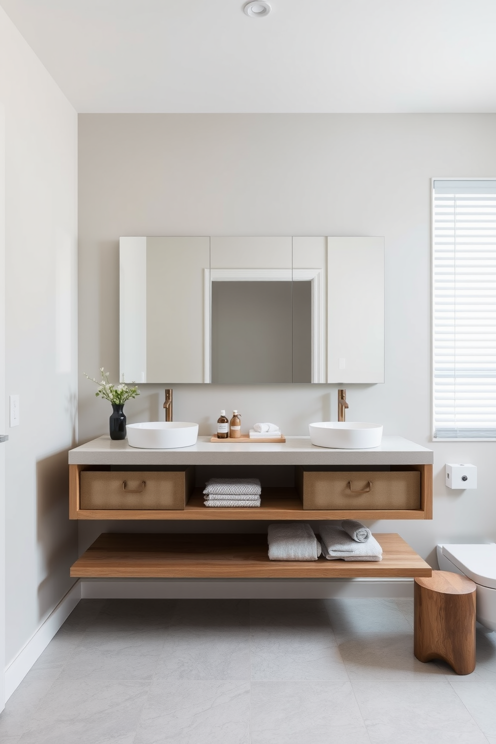 A floating vanity enhances the spacious feel of this three-quarter bathroom. The sleek design features clean lines and a minimalist aesthetic, allowing for ample storage underneath while maintaining an open atmosphere. The walls are adorned with soft, neutral tones to create a calming environment. Large format tiles on the floor add a touch of elegance, complementing the modern fixtures and finishes throughout the space.